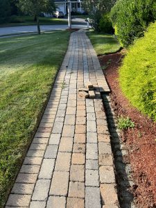 Brick pathway with uneven section and loose bricks on the side. Green lawn on the left and bushes on the right.