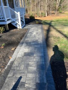 A paved walkway leads to stairs of a house. Shadows of trees and a person are cast on the walkway. Leafless trees and grass are visible in the background.